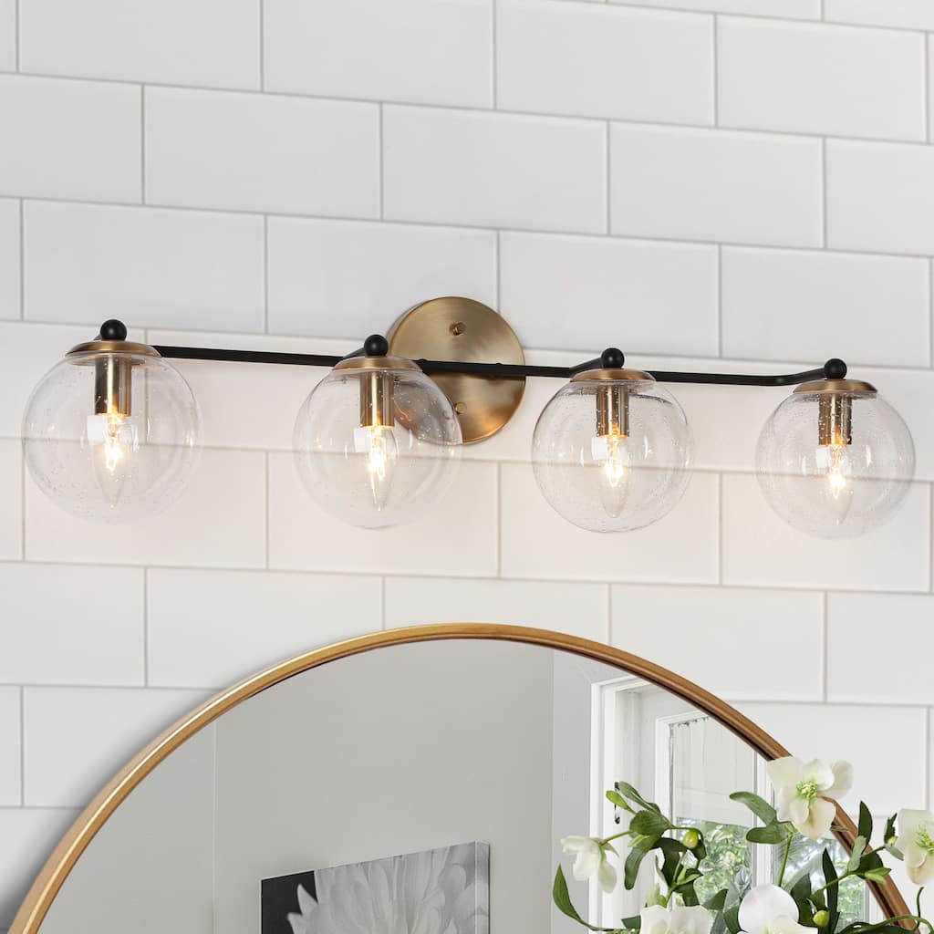 Modern 4-Light Black Gold Bathroom Vanity Lights with Globe Glass Shades