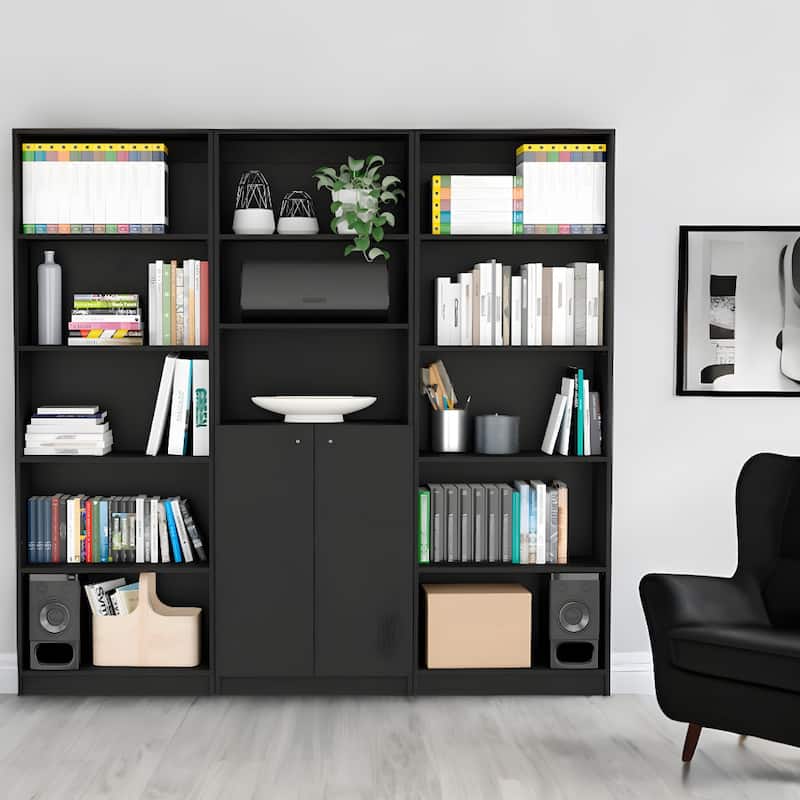 71inch Black Five Tier Bookcase with Two doors - Black