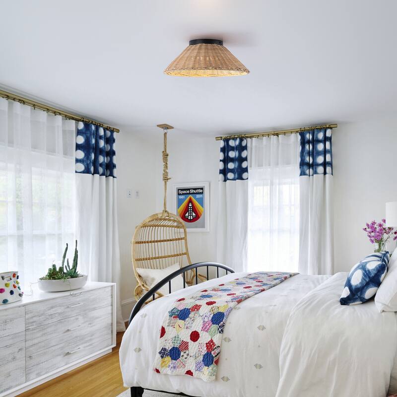 Modern Farmhouse Woven Rattan Umbrella Cone-Shaped Flush Mount Integrated LED Ceiling Light - Beige - 13.4"W x 4.5"H