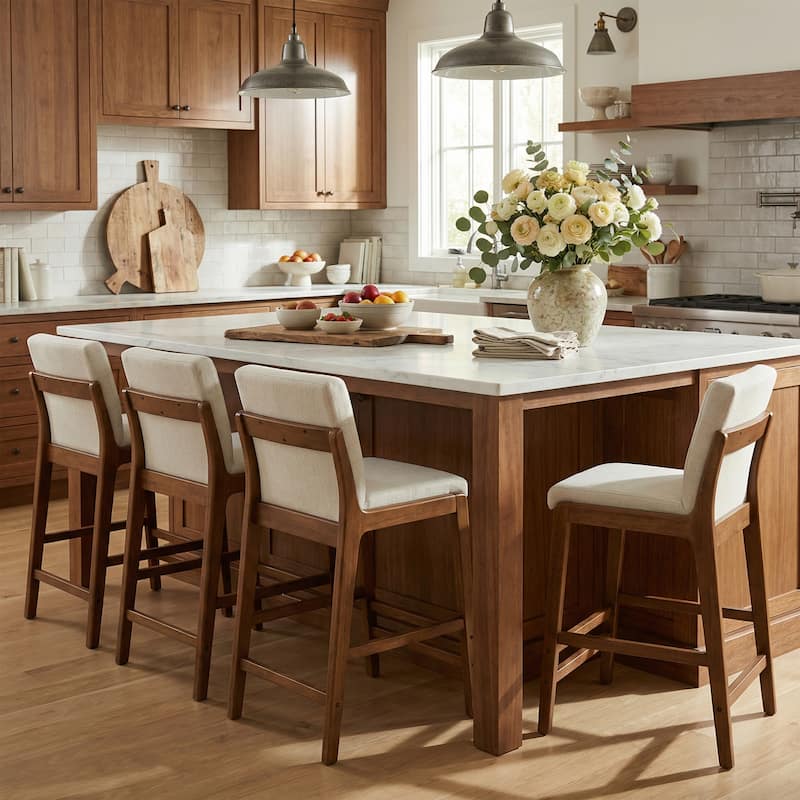 Christopher Knight Home - Eli Classic Wooden Upholstered Bar Stool with Padded Seat and Backrest - Set of 4 - Beige,Walnut