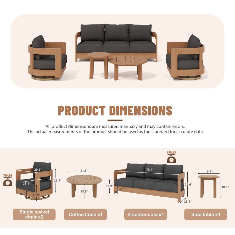 Outdoor 5-Piece Conversation Set Sofa and Swivel Chair with Coffee Table in Eucalyptus Wood