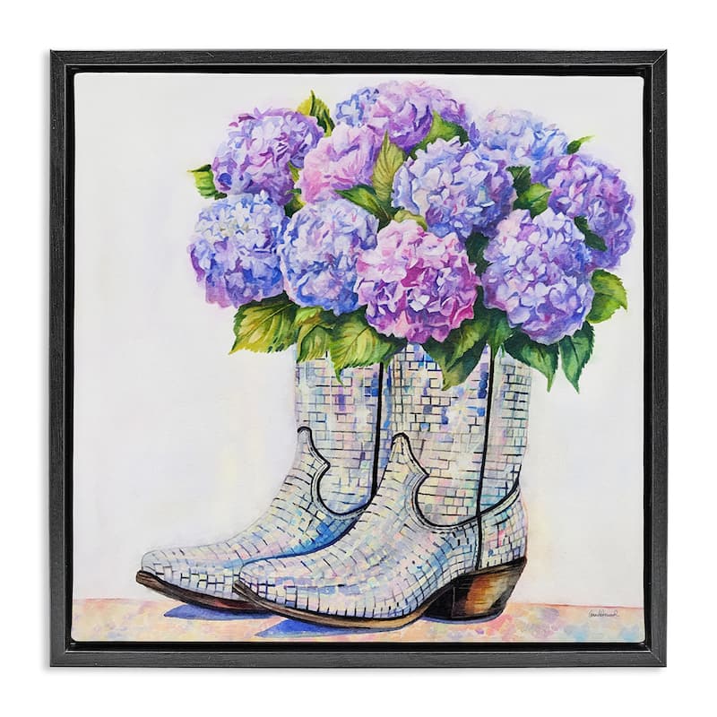Stupell Hydrangea Filled Cowgirl Boots Framed Floater Canvas Wall Art Design By Amanda Greenwood - 18 x 18 - Black