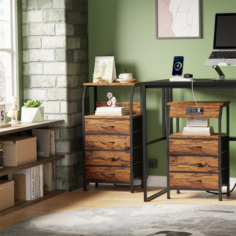 Night Stand with Charging Station Small Bedside Table with Wood Shelf