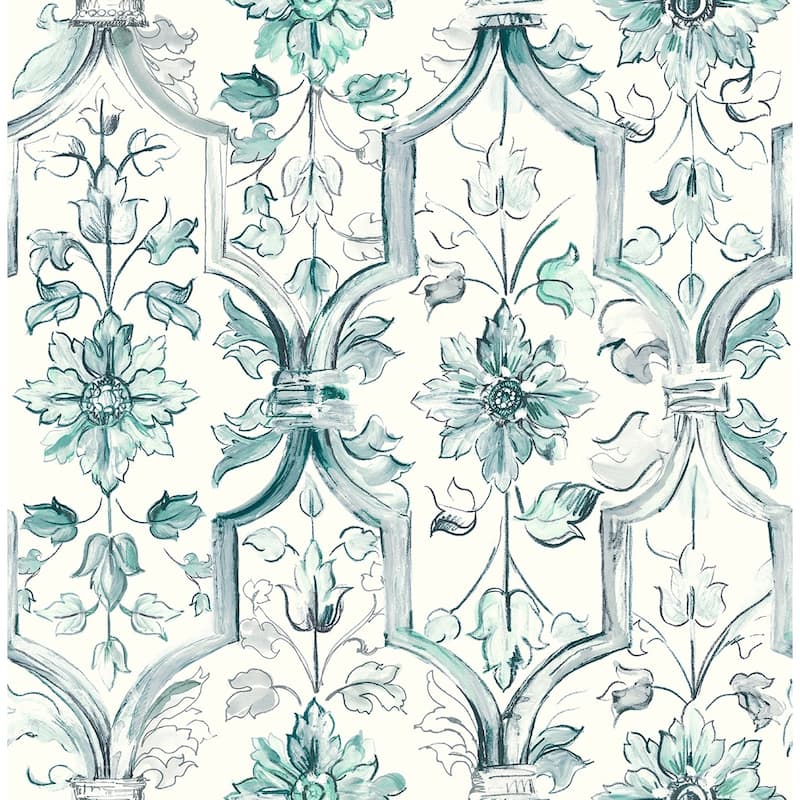 Seabrook Designs Tivoli Floral Trellis Unpasted Wallpaper - 20.5 in. W x 33 ft. L - Teal & Metallic Silver