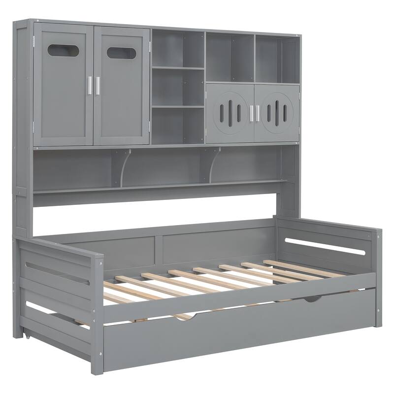Twin Size Wooden Daybed with Roll-Out Trundle, All-in-One Storage Cabinet and Shelf - Space-Saving Design