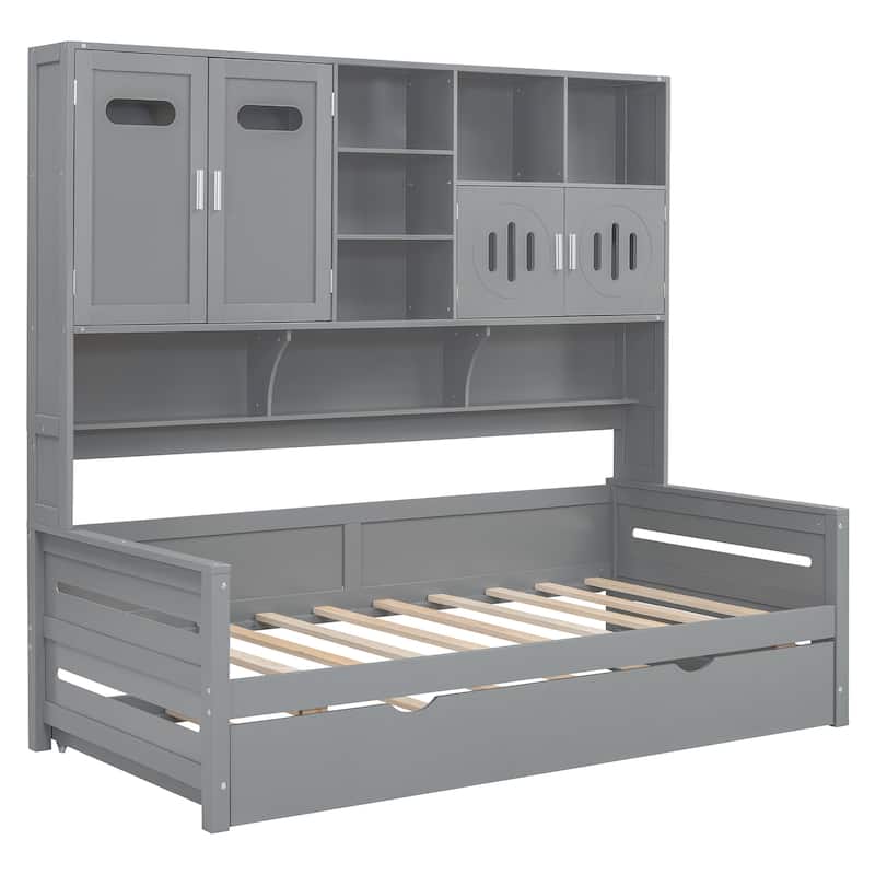 Twin Size Wooden Daybed with Trundle, Storage Cabinet & Shelves,Gray