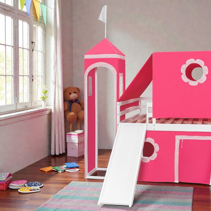 Kids Loft Bed with Slide, Tent and Tower, Solid Wood Castle Playhouse Loft