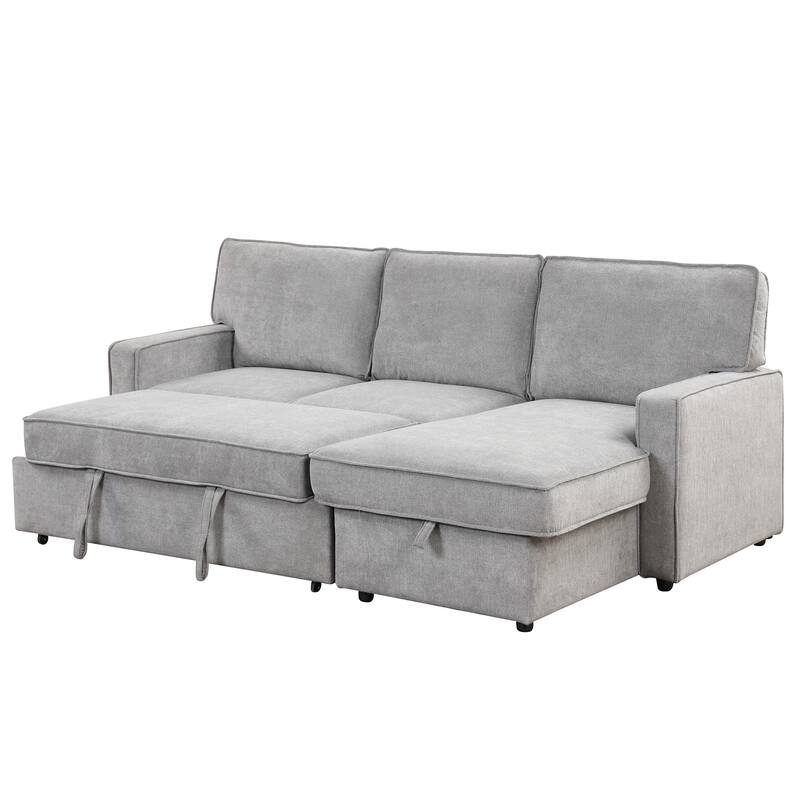 L-Shaped Convertible Sleeper Sectional Sofa with Pull Out Bed and Storage Chaise, Modular Couch Bed with Cup Holder, USB Ports