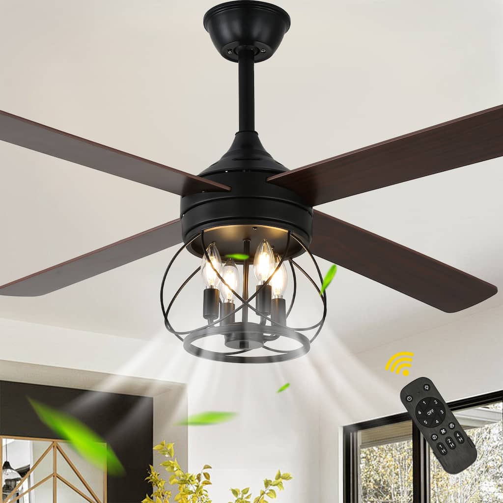 52" Industrial Black Caged Ceiling Fan with Light and Remote 6-Speed Reversible Timer DC Motor - 52inch