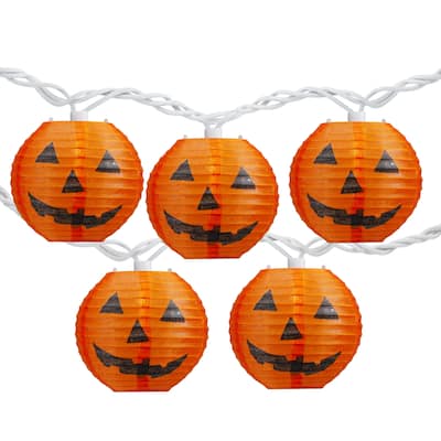 10ct Orange Jack-O-Lantern Lantern Halloween Lights 8.5ft White Wire