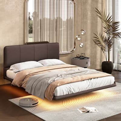 Modern PU Leather Queen Size Floating Platform Bed Frame with LED Light