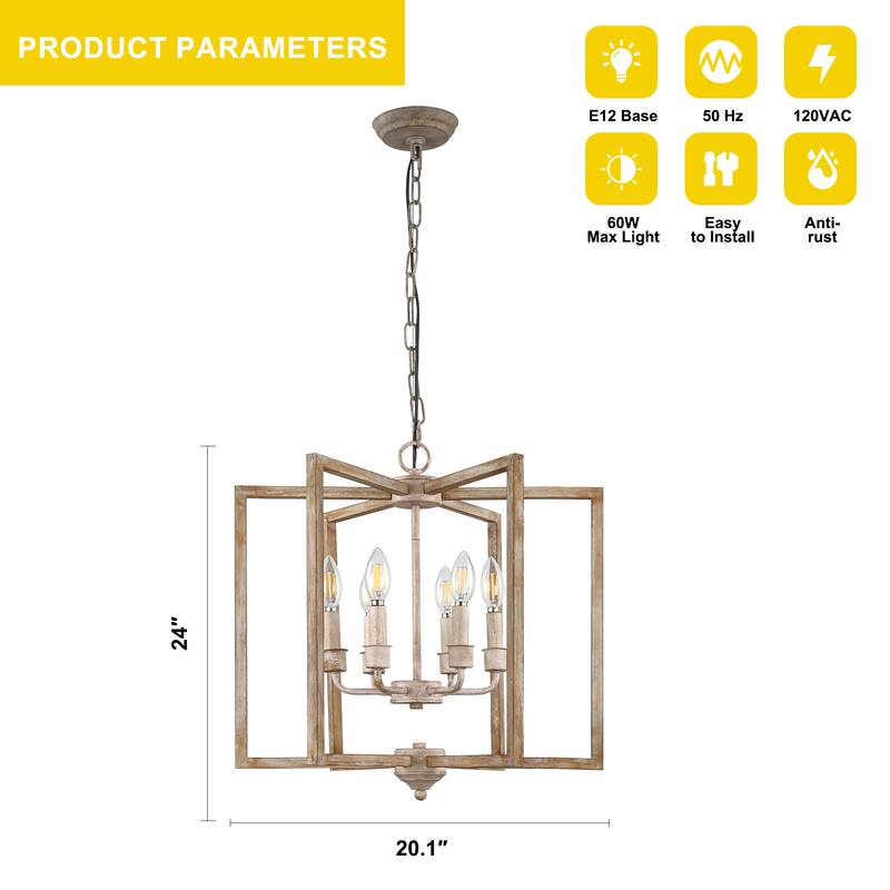 Oaks Aura Wooden Chandelier,Rectangular Frame Pendant Light,Farmhouse Hanging Lamp,Height Adjustable for Living Room,Dining Room