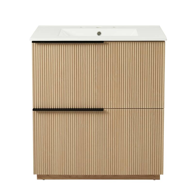 30" Bathroom Vanity with Ceramic Sink and Full-Extension Drawers, Soft Close Undermount Drawer Slides, Fluted Design, Natural