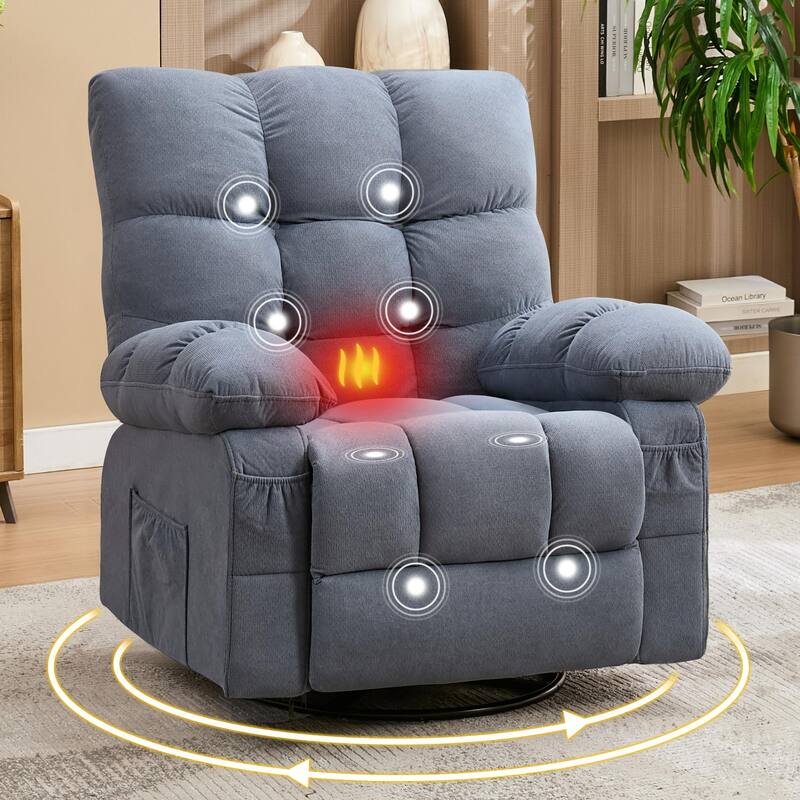 Oversized Massage Swivel Rocker Recliner Chair with Lumbar Heating and Side Pocket & USB Charge Port, Living Room Single Sofa