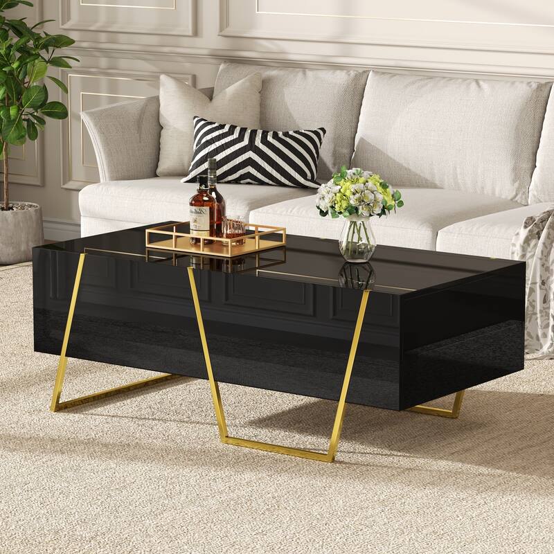 Modern Rectangular High Gloss Coffee Table - Black+Gold