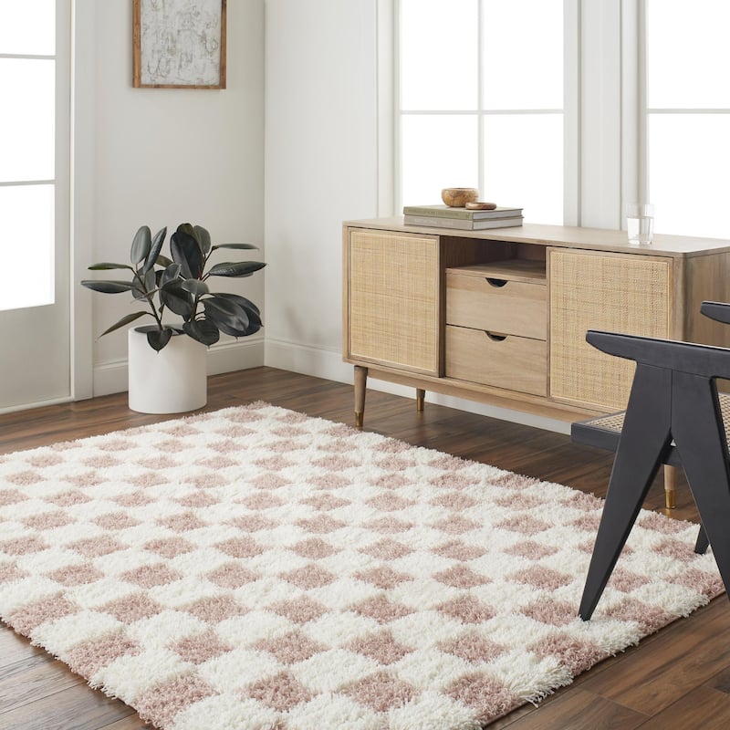 Livabliss Sibari Modern Checkered Plush Area Rug - 9' 2" x 12' - Cream/Dusty Pink
