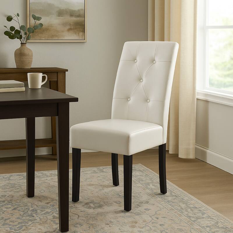 Alina Dining Chair Set of 2, Tufted Ivory Bonded Leather, Black Wood