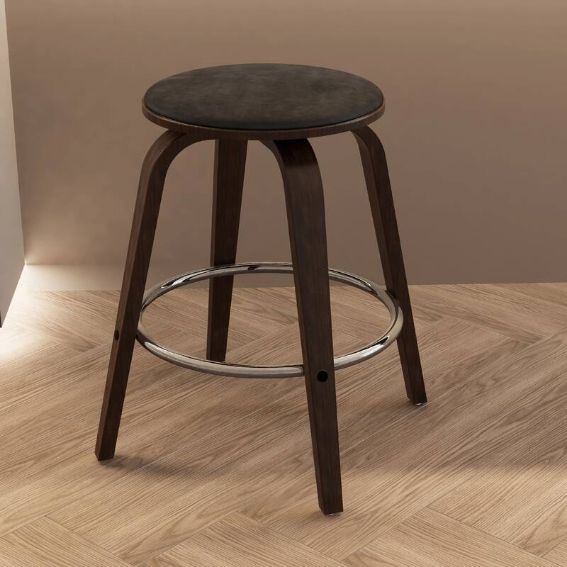 Pelya Leather Swivel Round Counter Stool with Wood Legs and Chrome Footrest for Kitchen Island or Dining Area Set of 2