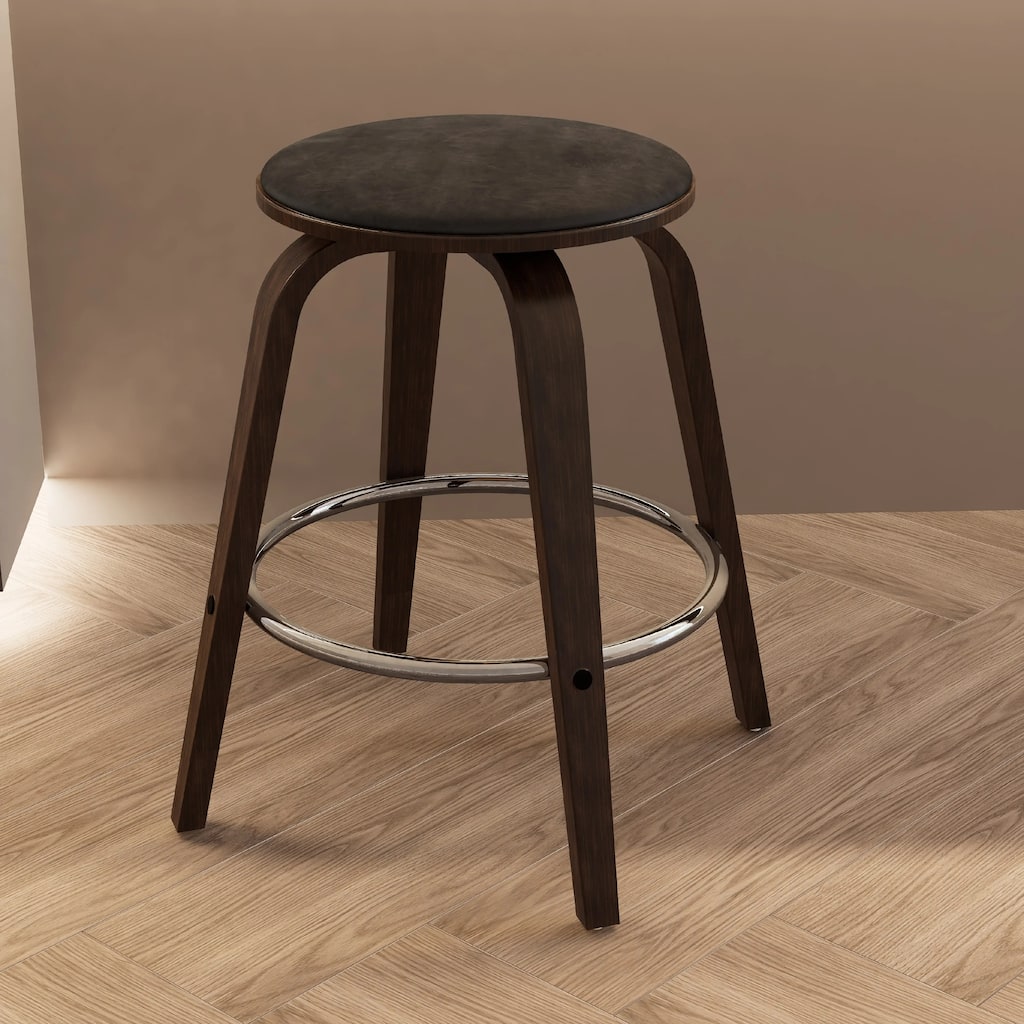 Pelya Leather Swivel Round Counter Stool with Wood Legs and Chrome Footrest for Kitchen Island or Dining Area Set of 2