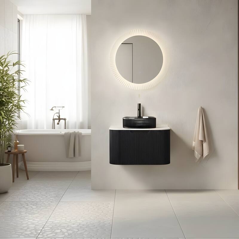 Wall Mounted Bathroom Vanity with Transparent Black Round Glass Basin - 24 - Black