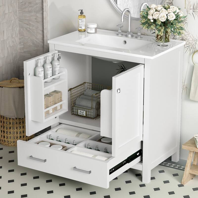 Bathroom Vanity with Single Sink, Bathroom Storage Cabinet with 2 Doors and 1 Drawer, Bathroom Vanities with Solid Wood Frame - White