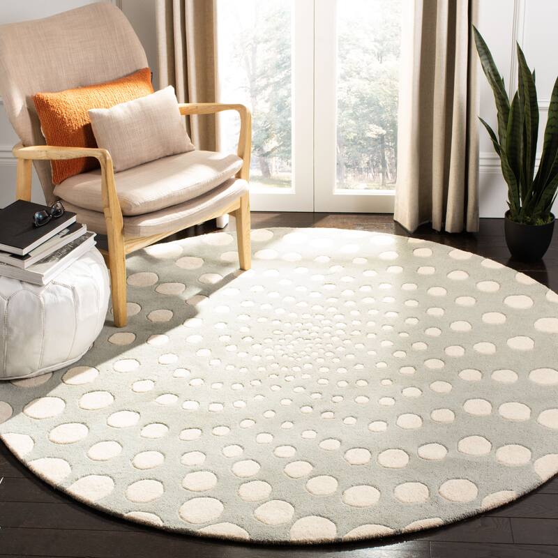 SAFAVIEH Soho Handmade Eulalia Abstract Dots N.Z. Wool Area Rug - 6' Round - Grey/Ivory