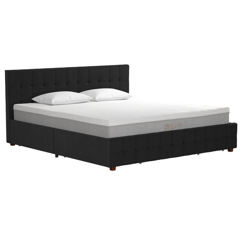 Roomfitters King Velvet Upholstered Bed Frame with Storage Drawers and Square Tufted Headboard, Black
