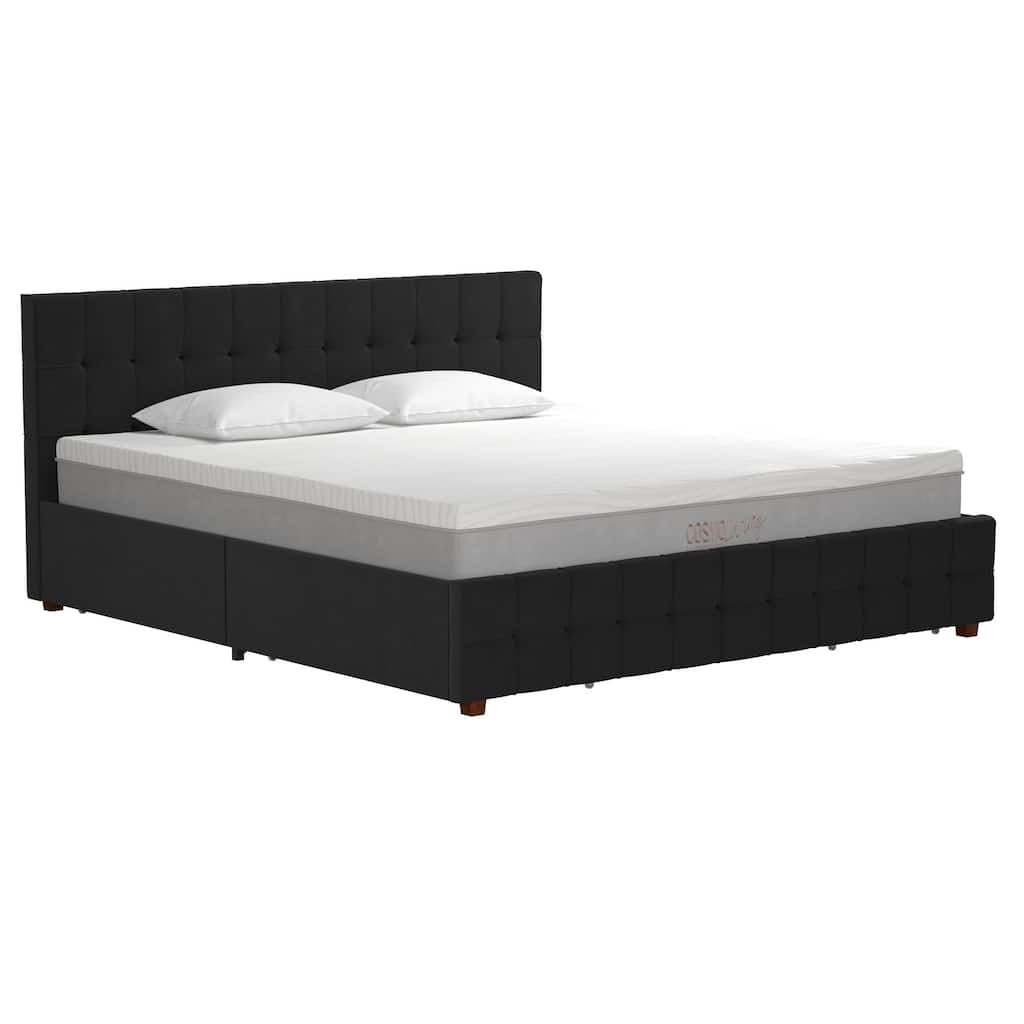 Roomfitters King Velvet Upholstered Bed Frame with Storage Drawers and Square Tufted Headboard, Black