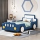 preview thumbnail 31 of 39, Race Car-shaped Frame Upholstered Bed with Wheels, Twin Size Grounded Slat Support Children Floor Bed for Toddler Platform Bed Blue - Twin