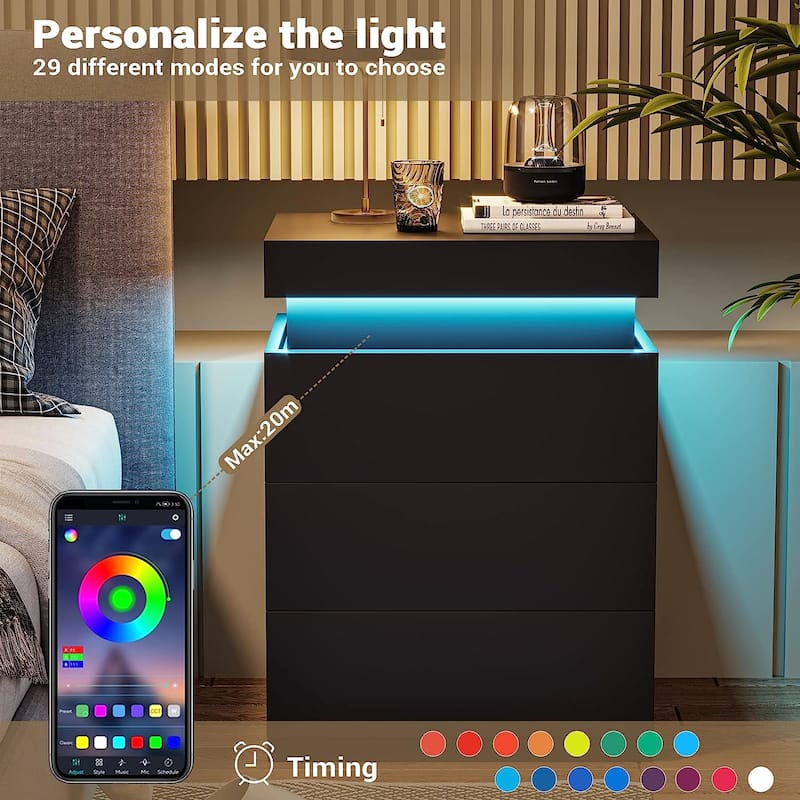 Bedroom Nightstand Charging Station LED Lights Sliding Top 3 Drawers