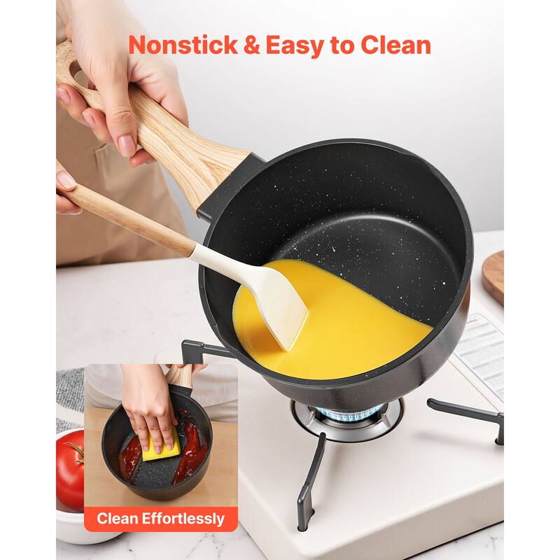 Anmytek 2.5 QT Nonstick Granite Saucepan with Lid Aluminum Alloy for Simmering Boiling All Stovetops
