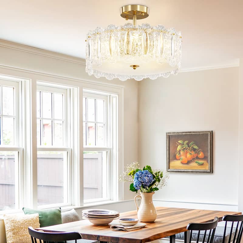 Brass Modern Crystal Semi Flush Mount Ceiling Light for Living Room, Bulbs Included - 5-light