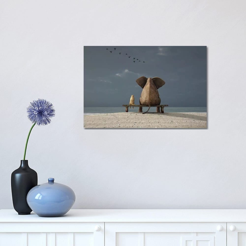 iCanvas "Elephant And Dog Sit On A Beach" by Mike Kiev Canvas Print