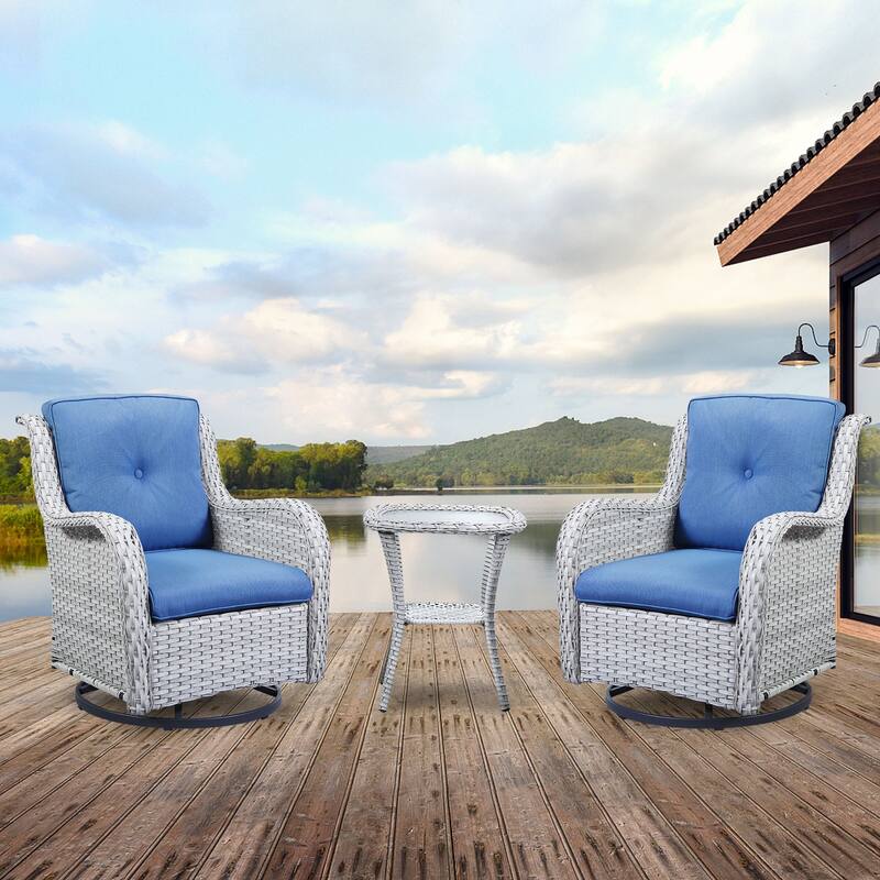 Gymojoy Wicker Swivel Glider Chair with Water-Resistant Olefin Cushions - 3-Piece with Side Table - Light Gray Wicker / Blue Cusion