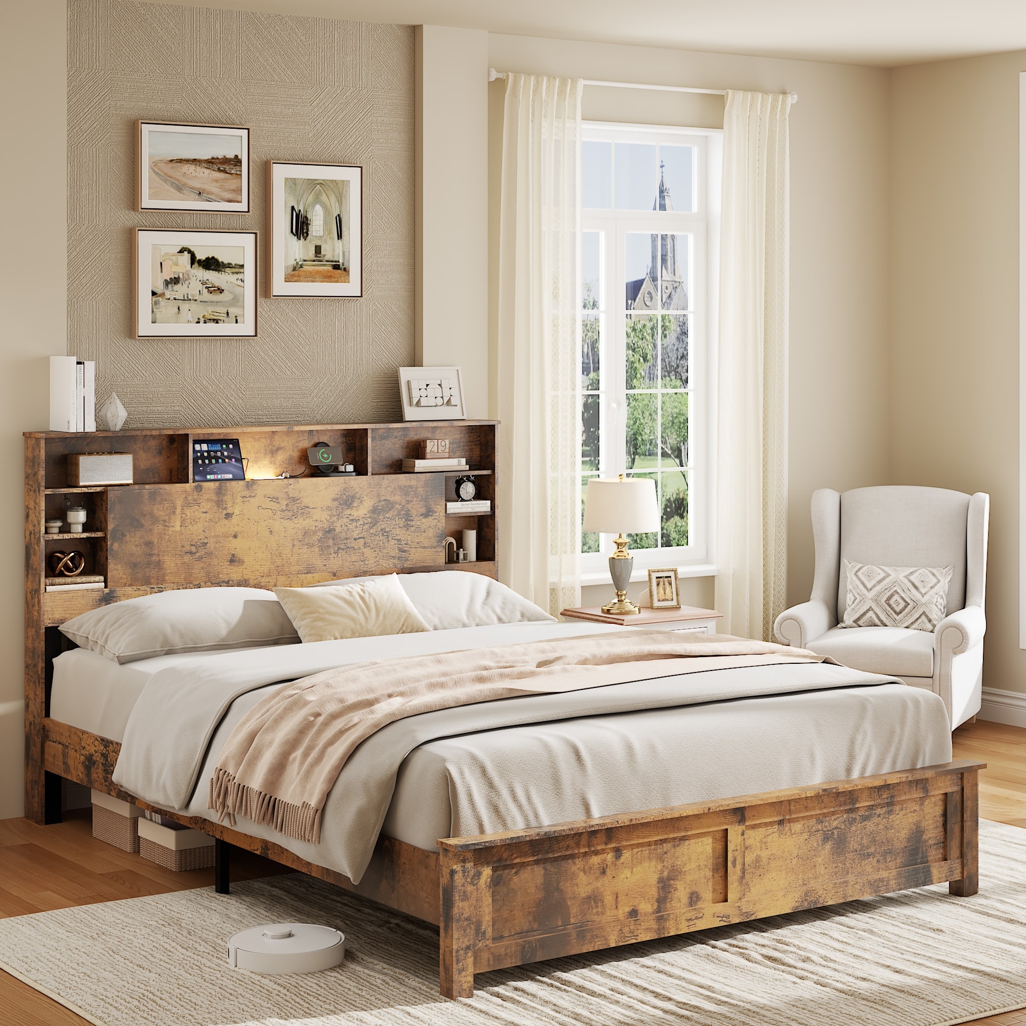 Dark Brown Queen Bed Frame with Storage Headboard & LED Lights
