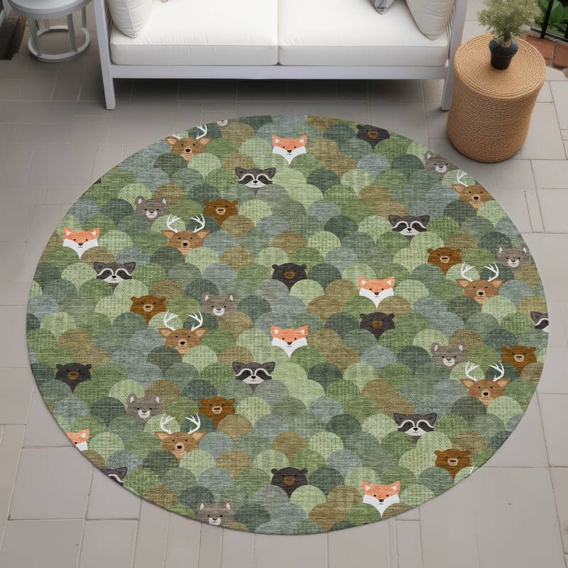 Machine Washable Indoor/ Outdoor Whimsy Critters Chantille Rug - Olive - 8' x 8'