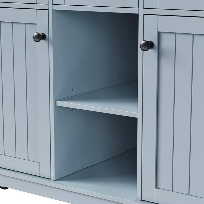 53inch Large Kitchen Island with Drop Leaf,Door Internal Storage Rack, Rolling Kitchen cart on 5 Wheels with 5 Open Side Racks