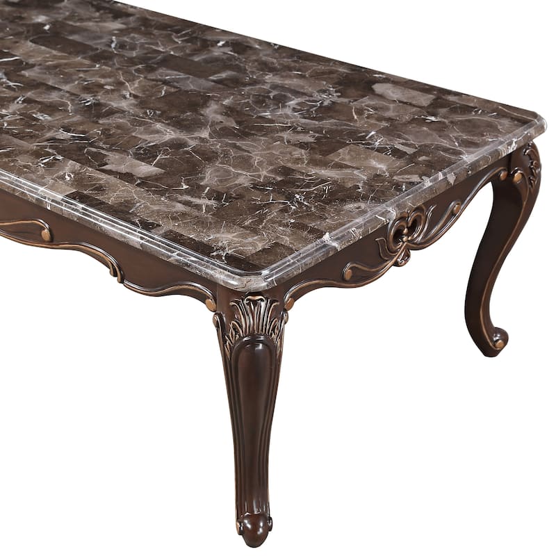 Cona 54 Inch Cocktail Coffee Table, Carved Gold Accent, Cherry Brown, Gray