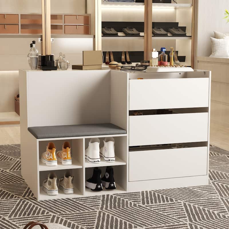 Makeup Organizer Glass Top and Cushion for Jewelry, Shoe Storage Bench