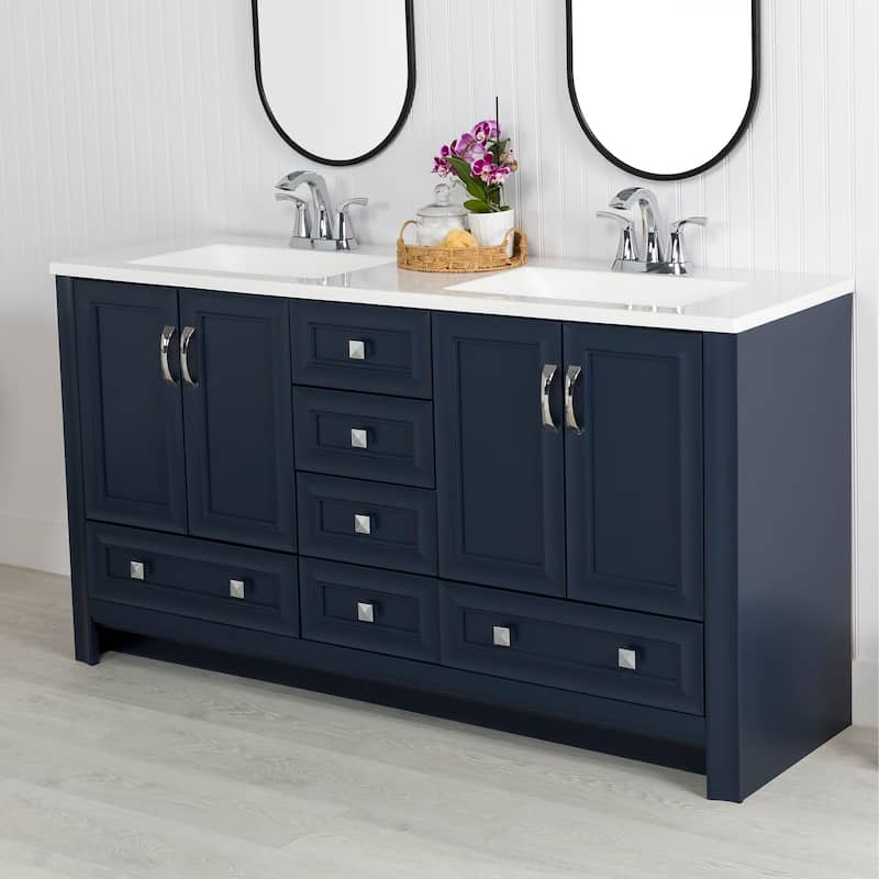 Spring Mill Cabinets Nimay 60.5" Double Bathroom Vanity With 5 Drawers, 2 Cabinets, and White Sink Top - Blue
