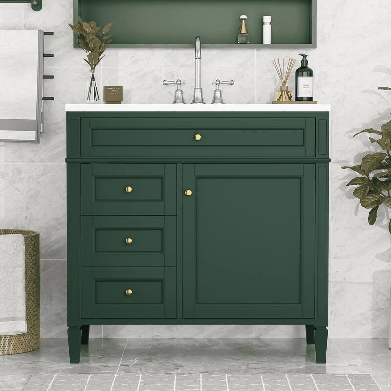 Modern Bathroom Vanity with Amber Storage, Ceramic Sink, 3 Drawers, Tip-Out Drawer, and Concealed Storage