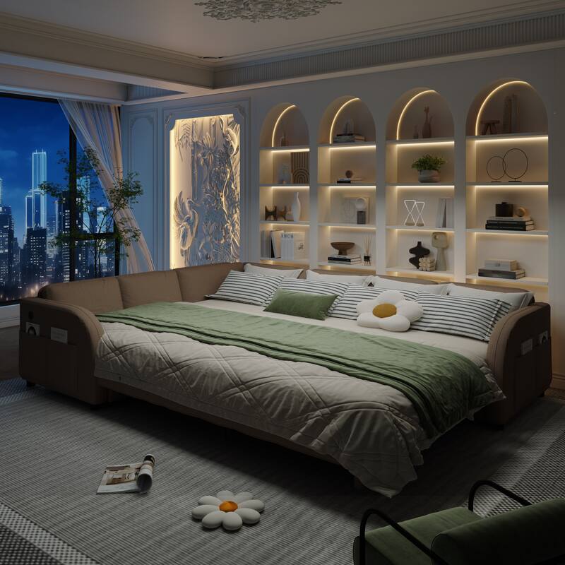 115" L-Shaped Sectional with Pull-Out Bed, USB Ports & Side Pockets, King Size Upholstered Bed