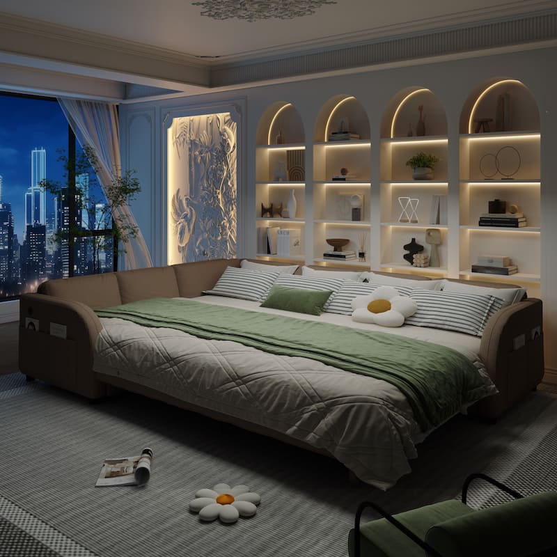 Sectional Sleeper Sofa with Pull Out Bed, Convertible Teddy Fabric Couch with Side Pockets & USB Ports, L Shaped Modular Couches