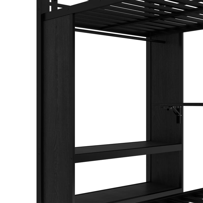 Roomfitters Twin/Full/Queen Metal Bunk Bed with Built-in Wardrobe, Trundle & Foldable Desk, Noise-Reduced Design, Black
