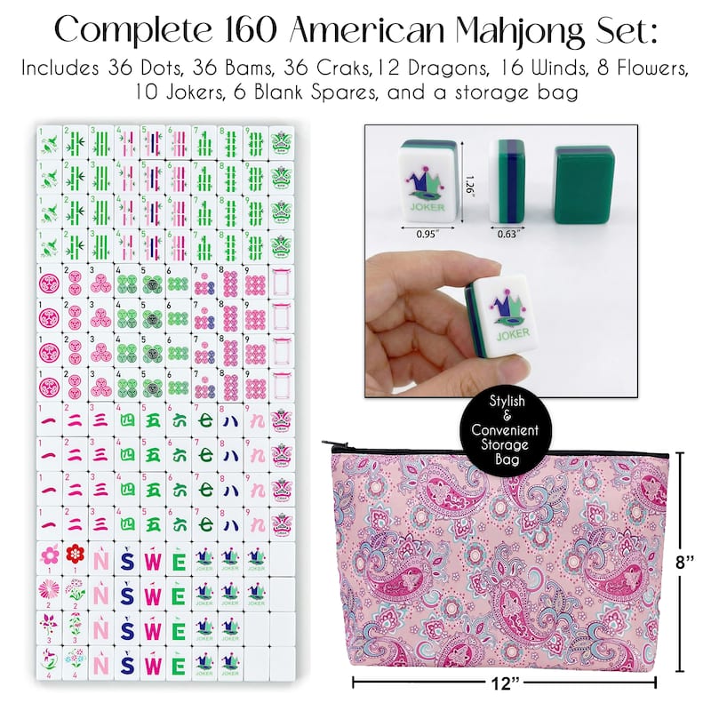 Sweet Jojo Designs American Mahjong Tile Set (160pc) 1.25in. Layered Acrylic with Paisley Travel Bag - Cute Luxury Green & Pink