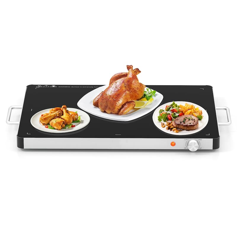 Black Tempered Glass Galvanized Steel Electric Warming Tray with 3 Temp Settings - 24" x 16.5" x 1.5"