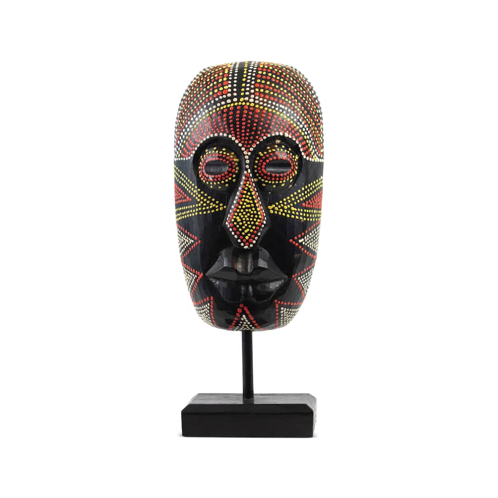 16" Wooden Hand Carved African Oval Face Mask in Dot Painting with Stand Handmade Primitive Tribal Statue Tiki Decor Figurine