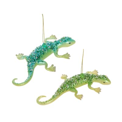 Blue & Green Glass Glitter Geckos Christmas Tree Ornaments Set of 2