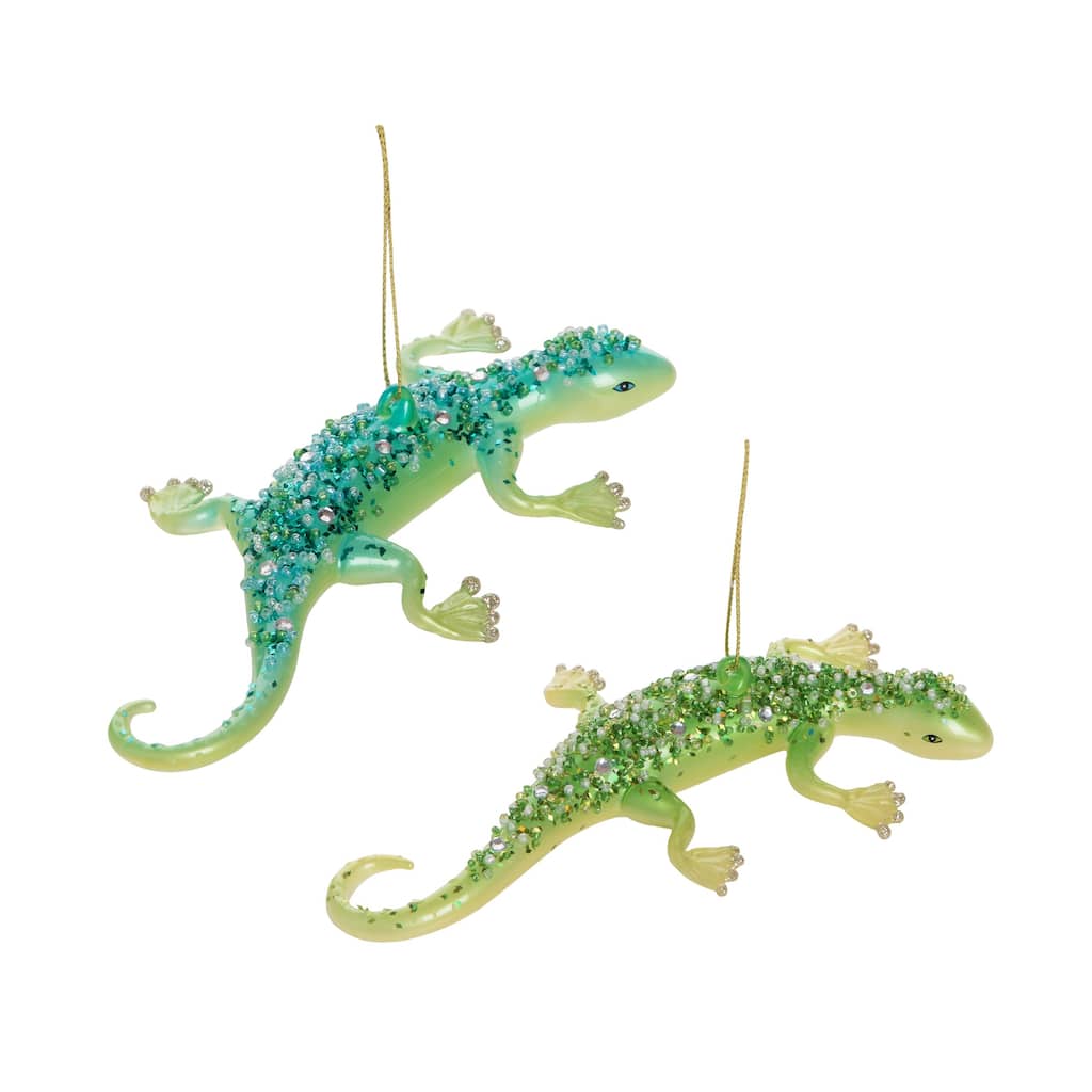 Blue & Green Glass Glitter Geckos Christmas Tree Ornaments Set of 2