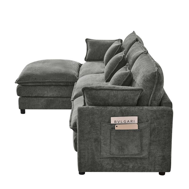 L-Shaped Modular Sectional Sofa with Movable Storage Ottoman, Comfy Cashmere Deep Seat Cloud Couch, Lounge Sofa with Pillows